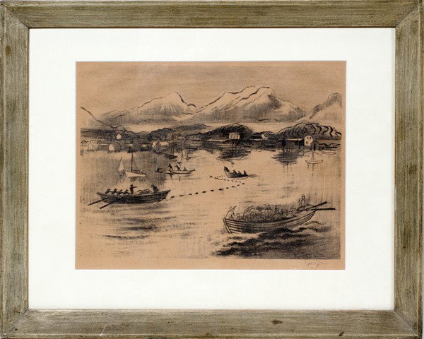 JOE JONES LITHOGRAPH, 10" X 13", FISHING VILLAG: JOE JONES (AMER. B 1909), LITHOGRAPH, 10" X 13", FISHING VILLAGE:lithograph on brown paper. Pencil signed lower right; framed and matted under glass;