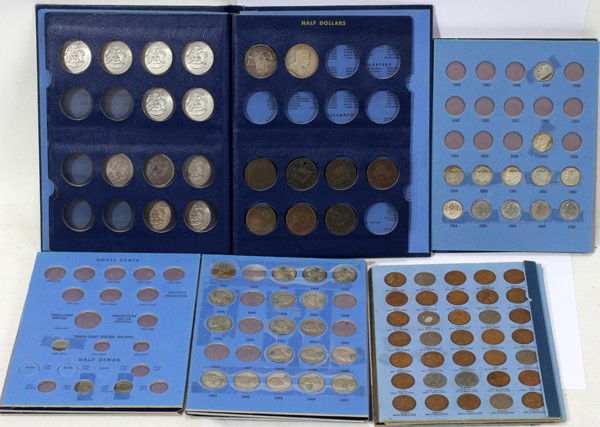 U. S. NICKELS, HALF DIMES, DIMES, HALF DOLLARS: U. S. NICKELS, HALF DIMES, DIMES, HALF DOLLARS, LINCOLN PENNIES, + FOREIGN COINS, 60+ PCS:mounted in portfolios and include 19 nickels, 1940-1965; 12 Roosevelt dimes, 1, 1947, 1, 1957, and 10, 1959 th