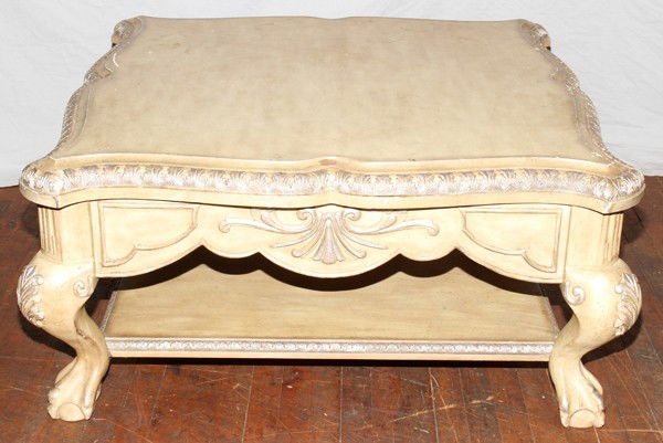 PRESTON HILL LTD.,COFFEE TABLE, LATE 20TH C,: PRESTON HILL LTD., CHIPPENDALE STYLE COFFEE TABLE, LATE 20TH C, H 20", W 41", L 41":having a square contoured top with carved trim at the edges, with silver painted accents, Queen Ann style legs and b