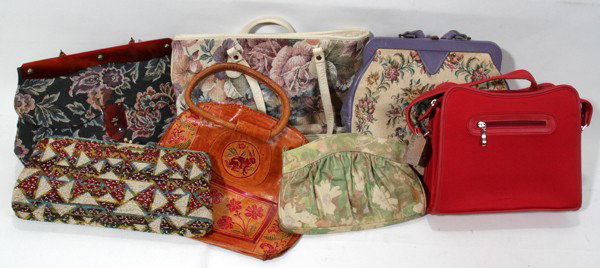 PURSES, SEVEN: PURSES, SEVEN:Include a needlepoint, clutch, strap, leather, silk lined sheepskin.