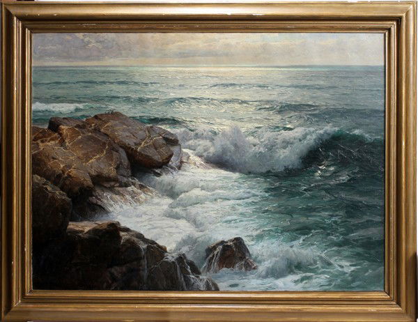 KARL THEODOR BOEHME (1866-1939), OIL ON CANVAS,: KARL THEODOR BOEHME (GERMAN 1866-1939), OIL ON CANVAS, 37" X 52", ROCKY COASTLINE:Signed and marked 'Munchen' in the lower left; gilt frame. Ex. coll. Seberon Shields, Detroit, MI.