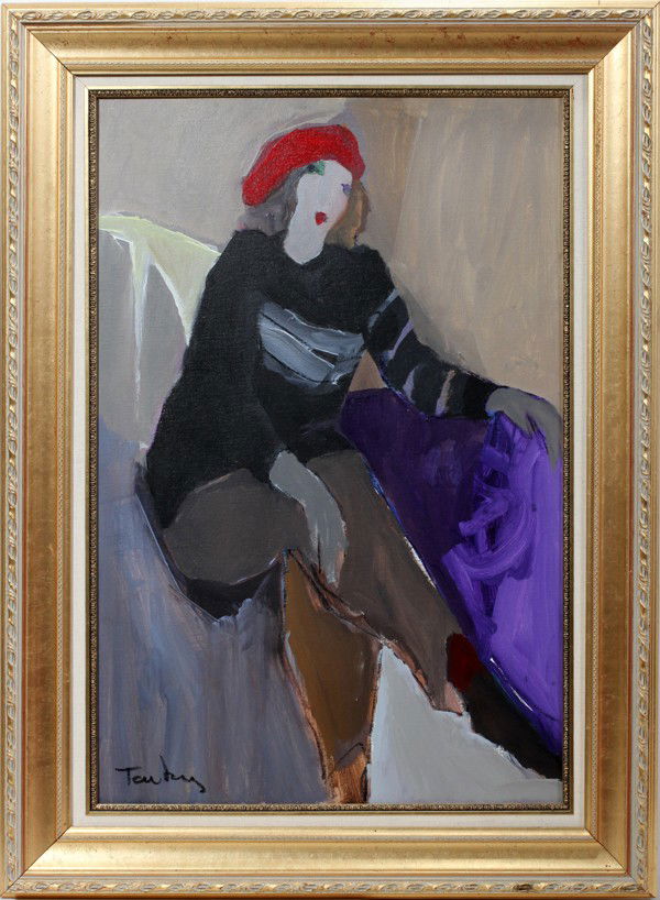 ITZCHAK TARKAY, OIL ON CANVAS,: ITZCHAK TARKAY (ISRAELI B.1935), OIL ON CANVAS, C. 29" X 20", SEATED LADY WEARING A RED HAT:Signed lower left; framed.