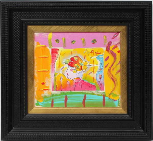 PETER MAX, MIXED MEDIA ON CANVAS ON CANVAS: PETER MAX (US B. 1937), MIXED MEDIA ON CANVAS ON CANVAS, 1994, 9 3/4" X 11", UNTITLED:Signed and dated upper right; framed; #69995 22468 on verso; oil or acrylic and collage with offset lithography.