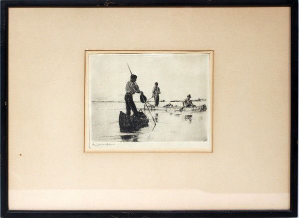FRANK BENSON, ETCHING 1927 5" X 8" "TWO CANOES": FRANK BENSON, ETCHING 1927 5" X 8" "TWO CANOES":5 3/4" x 7 5/8". Pencil signed. Framed. Ed 150.