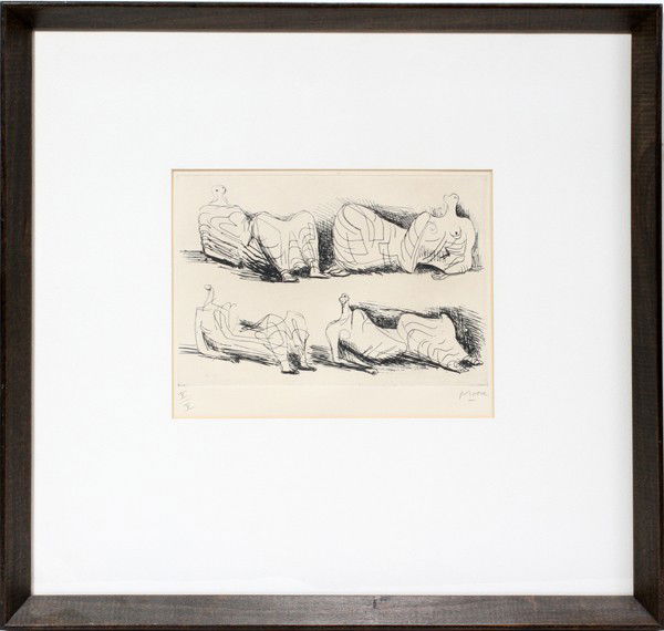 HENRY MOORE [GB 1898-1986] ETCHING 7" X 9": HENRY MOORE [GB 1898-1986] ETCHING 7" X 9" FOUR RECLINING FEMALES:Pencil signed lower right and marked X X lower left. Framed and matted under glass.