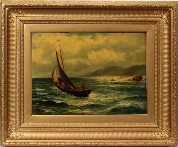 SIGNED DAVIS (BRITISH), OIL ON CANVAS,: SIGNED DAVIS (BRITISH), OIL ON CANVAS, DATED 1915, 16" X 24", 'OFF THE ARRAN COAST':Image depicts two men in a small sail boat in the midst of tumultuous seas. Signed and dated at the lower left; the