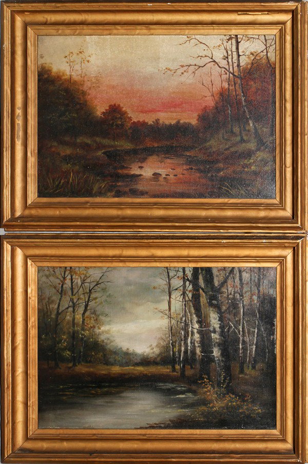 ANTIQUE OILS ON CANVASES, TWO, 10" X 15",: ANTIQUE OILS ON CANVASES, TWO, C. 1900, 10" X 15", AUTUMNAL LANDSCAPES:Both faintly signed at the lower right; possibly by the same artist. In gilt frames.