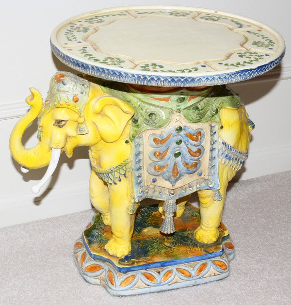 INDIAN STYLE COMPOSITE WOOD ELEPHANT FORM STAND: INDIAN STYLE PAINTED COMPOSITE WOOD ELEPHANT FORM STAND, MODERN, H 16", L 16":