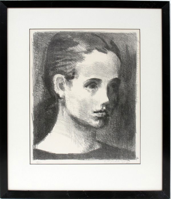 RAPHAEL SOYER, LITHOGRAPH, 14 3/4" X 11 1/2",: RAPHAEL SOYER, LITHOGRAPH, 14 3/4" X 11 1/2", "GIRL":Portrait of a girl. Numbered 4//50; pencil signed lower right. Label on back reads Garelick's. Framed. Coll. G.M. Seltzer.