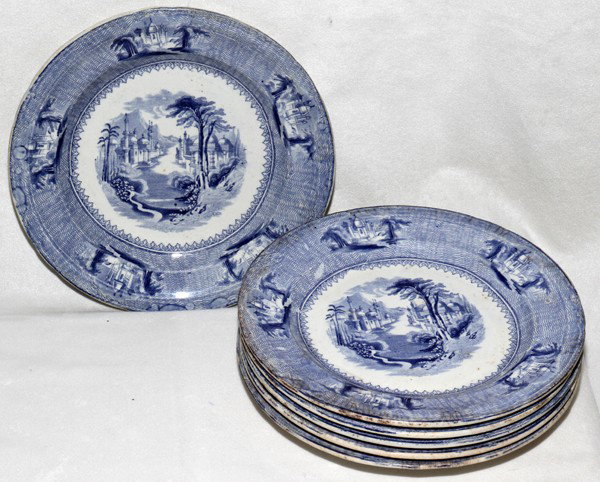 J. CLEMENTSON 'SIAM' DECORATED IRONSTONE PLATES: J. CLEMENTSON 'SIAM' BLUE & WHITE DECORATED IRONSTONE PLATES, 19TH CENTURY, SIX, DIA 8":Each with blue and white transfer decoration and maker's mark at the underside.