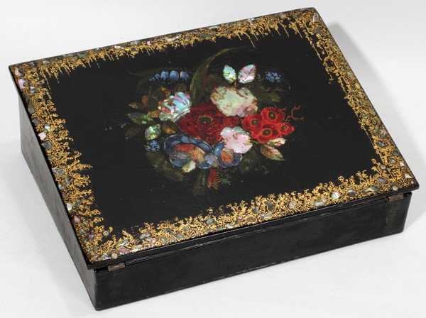 ENGLISH PAPIER MACHE, WRITING BOX, C 1850: ENGLISH PAPIER MACHE, WRITING BOX, C 1850, H 3", W 10.5", D 8":Hinged to open to writing surface with stationery storage beneath. Top is beautifully decorated with hand painting, gilt and mother of pe