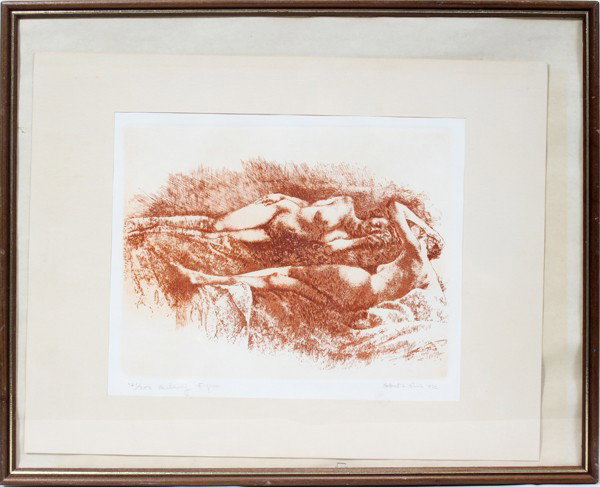 HERBERT LEWIS FINK (AMERICAN B. 1921). ETCHING,: HERBERT LEWIS FINK (AMERICAN B. 1921). ETCHING, 1972, 9" X 11":Reclining figures. Pencil signed and dated lower right. # 161/250. Framed.