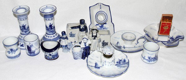 DELFTWARE GERMAN & JAPANESE PORCELAIN TABLEWARE: DELFTWARE, GERMAN & JAPANESE BLUE & WHITE PORCELAIN TABLEWARE, 14 PIECES, H 1 1/2" - 5 1/4":Including 1 pair of candlesticks, 2 chamber sticks, 1 inkpot, 1 match box holder and 8 match safes. By vario