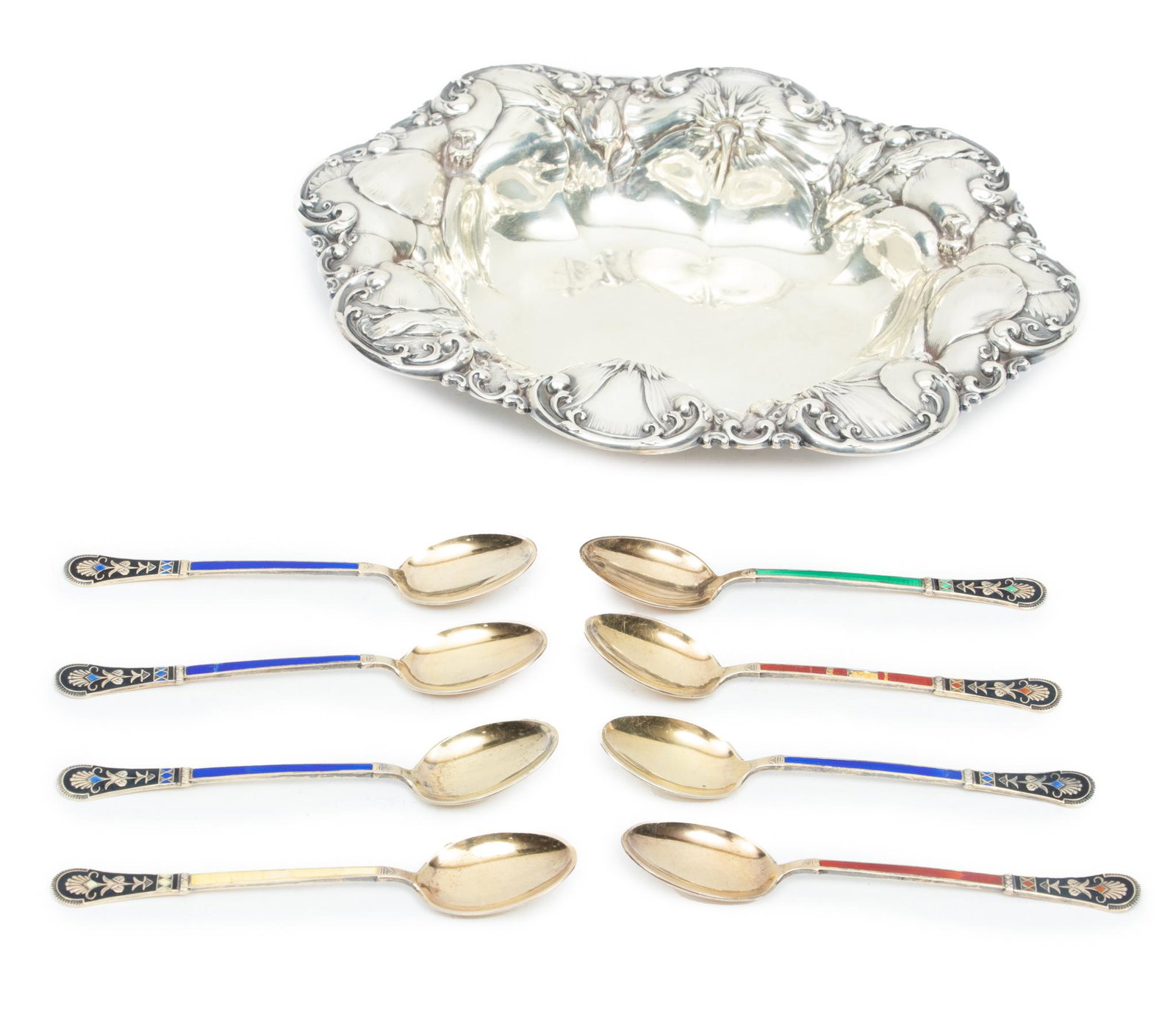 Norway Vermeil Enamel Demi Tasse Spoons (8) & Whiting Gorham Dish W 5.7'' L 7'' 5.4t oz 9 pcs (1 of 4)