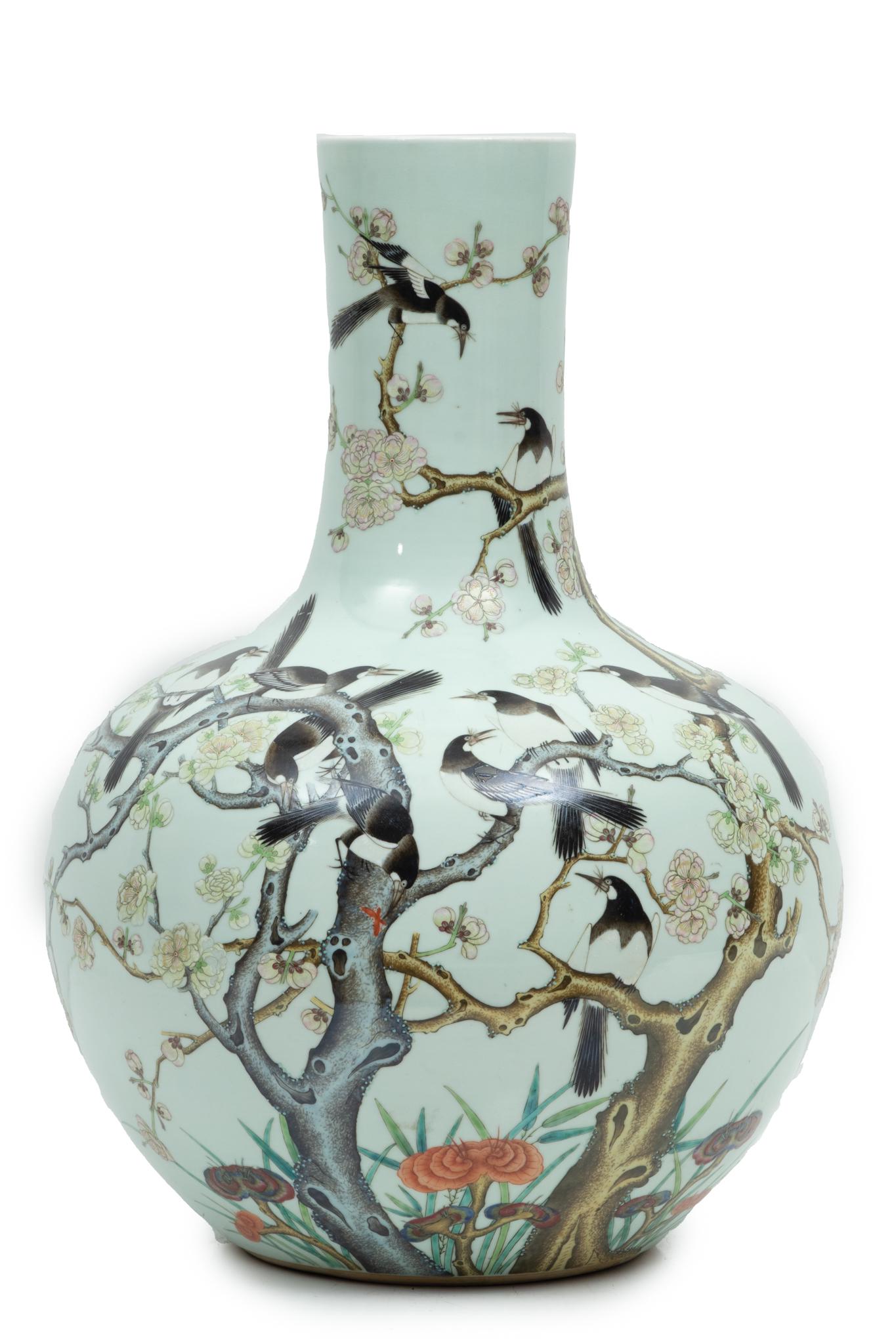 Large Chinese Porcelain Famille Rose 'Magpie And Prunus' Bottle Vase H 22'' Dia. 16'' (1 of 6)