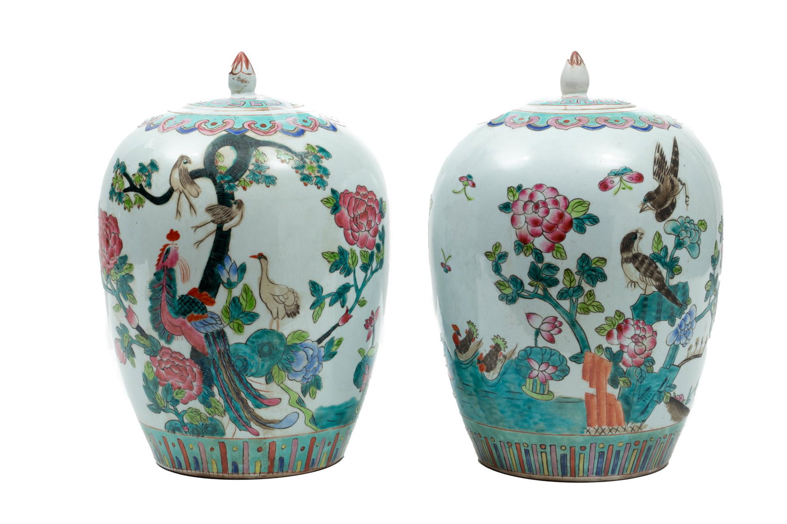 Chinese Porcelain Covered Ginger Jars, Pair, H 12'' Dia. 8.5'' (1 of 6)