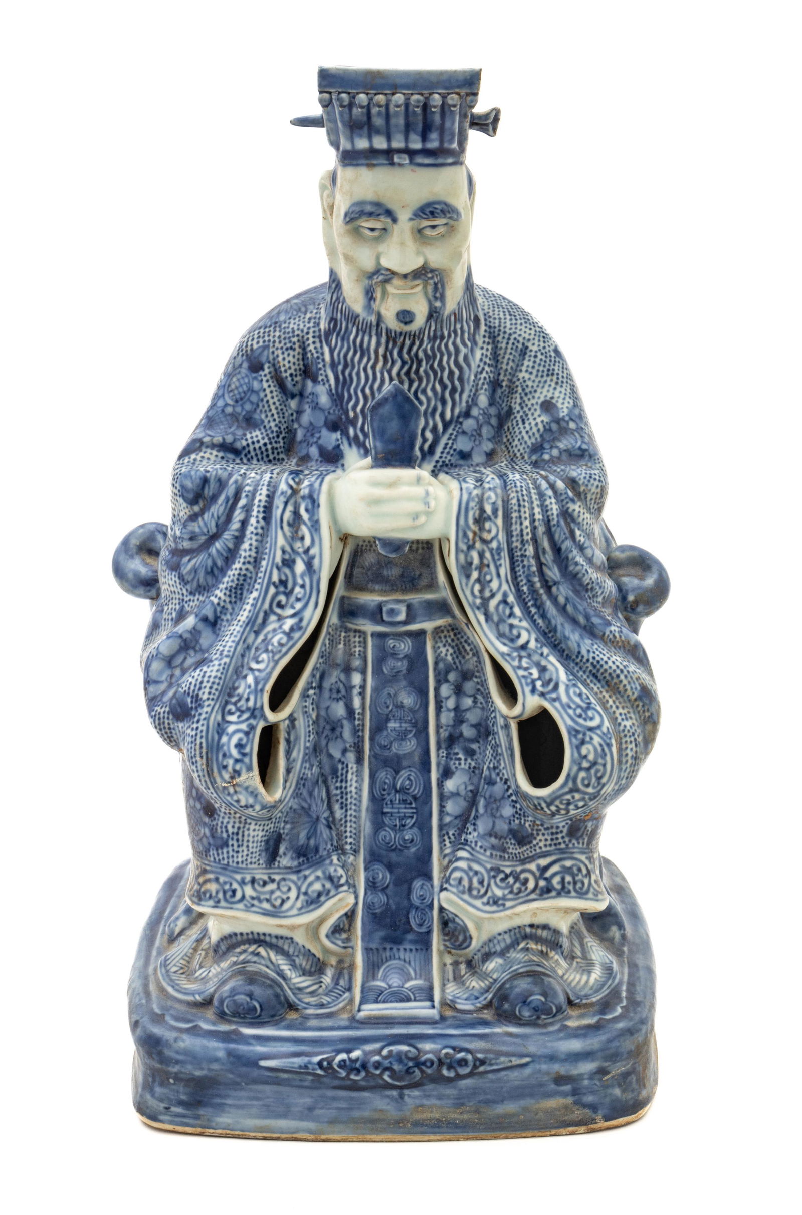 Chinese Porcelain Emperor Sculpture, Blue On White H 17'' W 8.5'': Chinese Porcelain Emperor Sculpture, Blue On White H 17'' W 8.5'' | Magnum size. Hand painted. Provenance: Property from the estate of a distinguished Centerline, MI collector