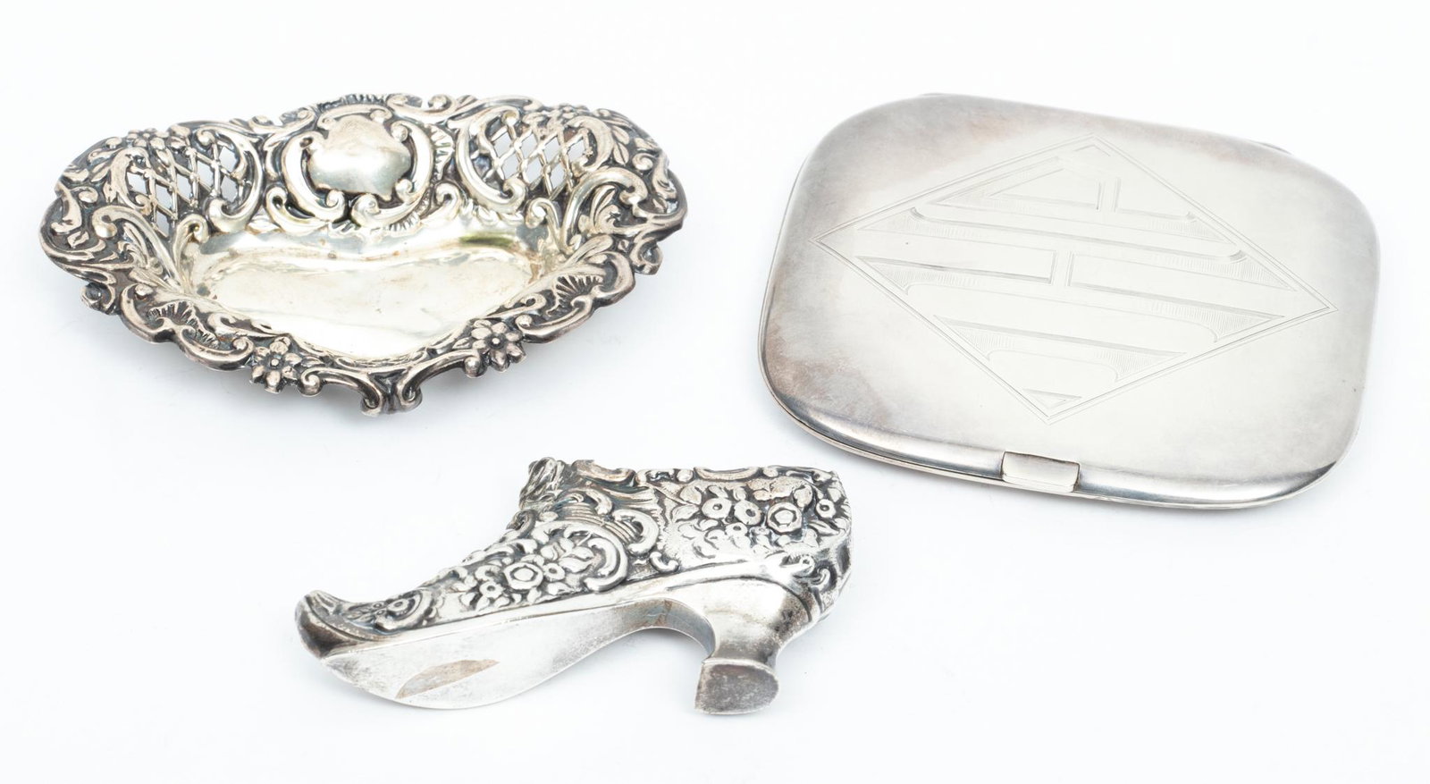 Sterling Silver Cigarette Case With Mirror, Heart Dish & Miniature Shoe W 3.7'' L 4'' 3 pcs (1 of 6)