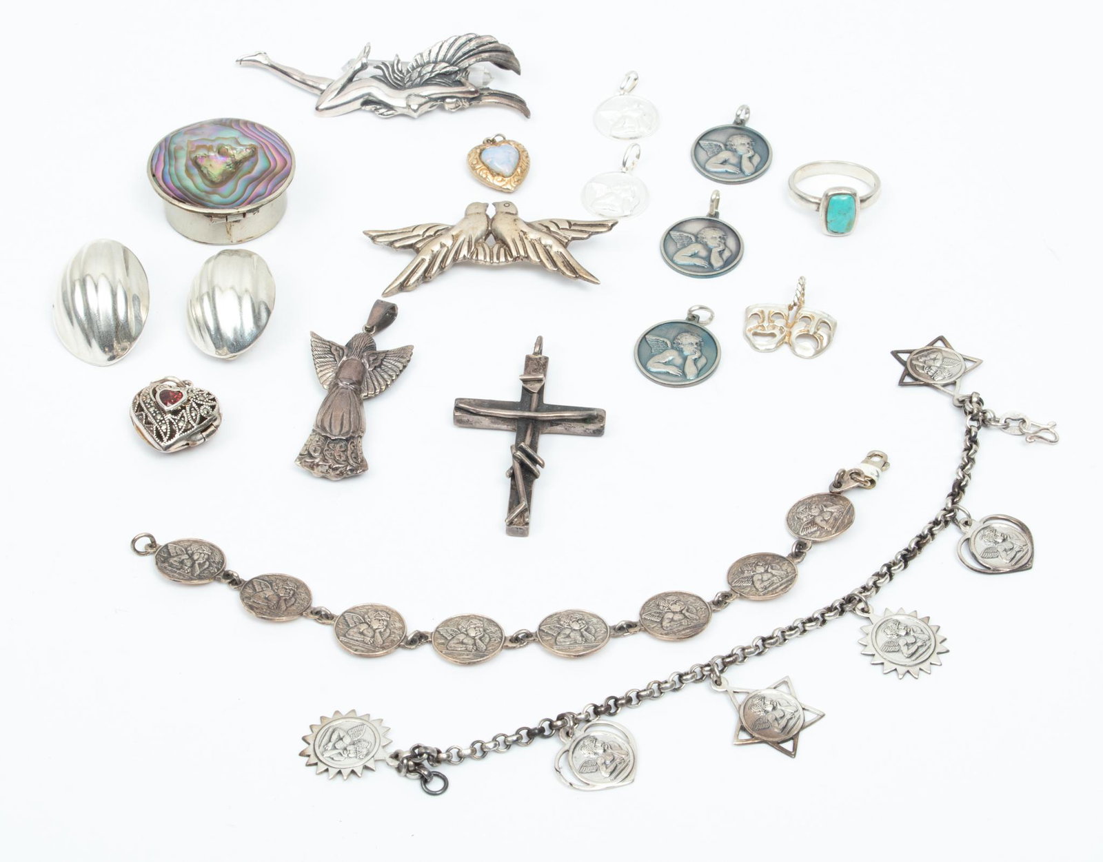 Sterling Silver Bracelets (2) Pendants, Charms, Earrings 130g 15 pcs: Sterling Silver Bracelets (2) Pendants, Charms, Earrings 130g 15 pcs | Sterling cross, angel charms, nude pendent, pair earrings etc.