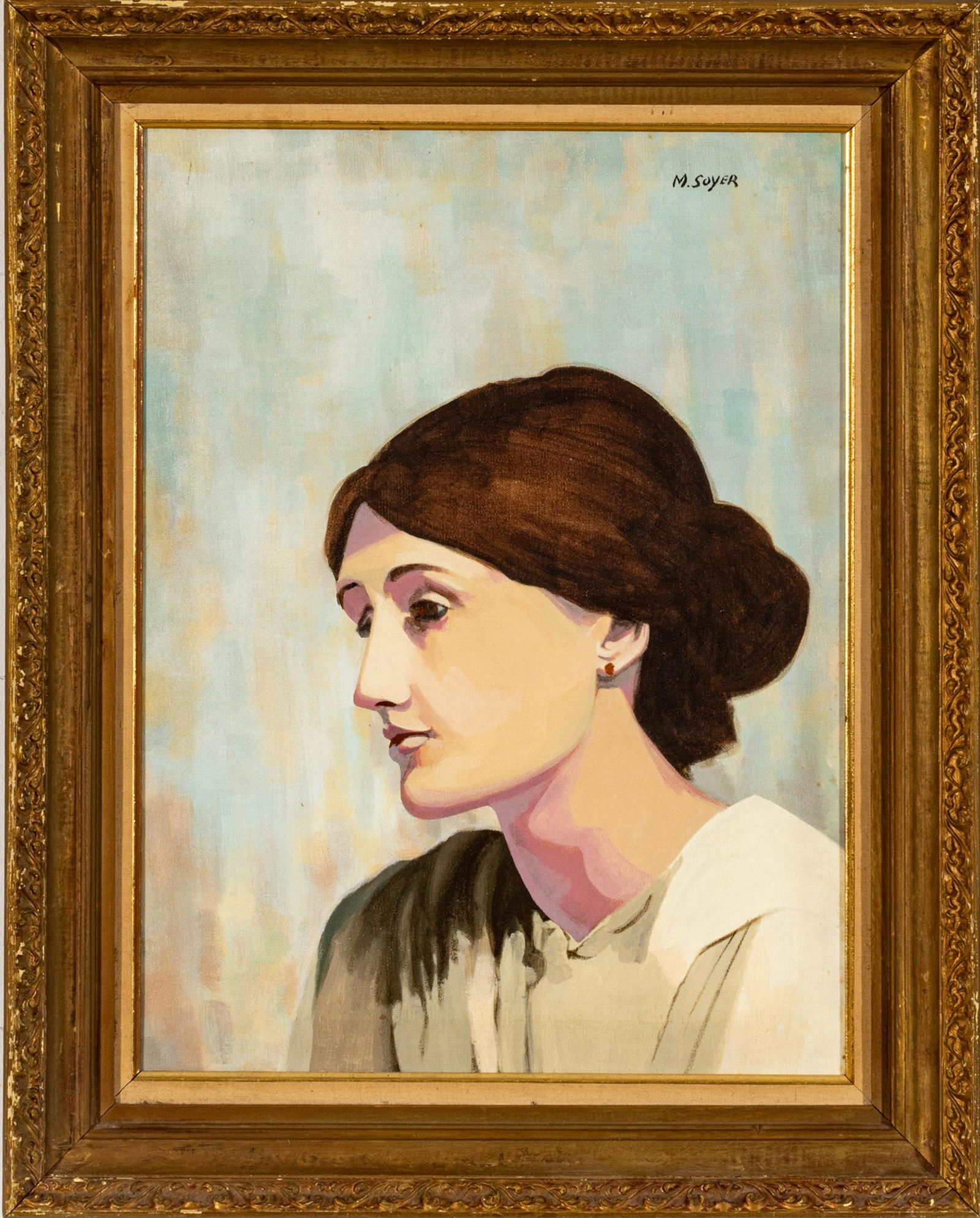 Moses Soyer (American, 1899-1974) Oil On Canvas, Portrait Of A Woman (Blue Background), H 24'' W: Moses Soyer (American, 1899-1974) Oil On Canvas, Portrait Of A Woman (Blue Background), H 24'' W 18'' | Signed upper right. Frame Measurements H 30" w 24"