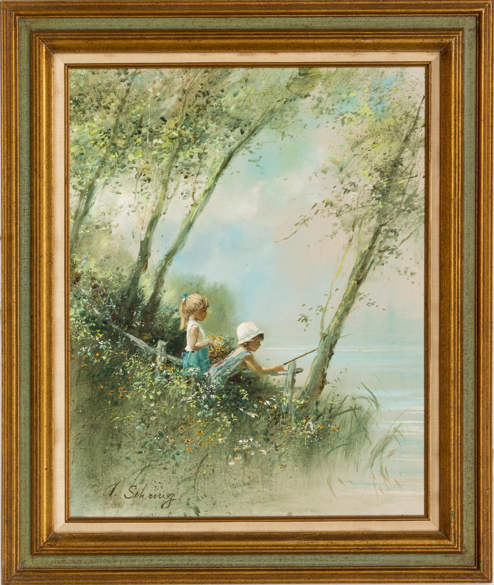 Adolf Sehring (American/Russian, B. 1930) Oil On Canvas, Young Boy And Girl Fishing, H 30'' W 24'' (1 of 4)