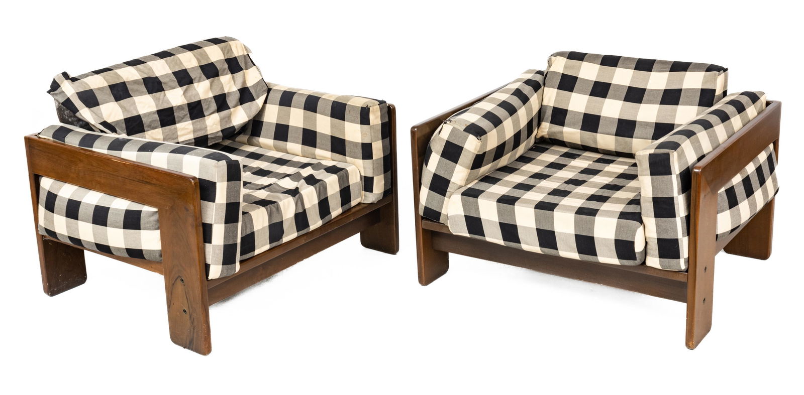 Afra & Tobia Scarpa For Knoll, Bastian Chairs H 21.25'' W 36'' Depth 29.5'' 1 Pair: Afra & Tobia Scarpa For Knoll, Bastian Chairs H 21.25'' W 36'' Depth 29.5'' 1 Pair | Bearing Knoll 'Made in Italy' labels on the undersides. Carved wood frames with foam cushions and black and white p