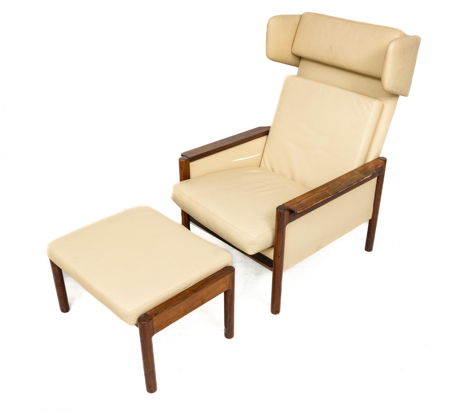 Scandinavian Carved Rosewood Chair And Ottoman, H 41'' W 28'' Depth 35'': Scandinavian Carved Rosewood Chair And Ottoman, H 41'' W 28'' Depth 35'' | Ottoman H 14", L 25", D 18.25".