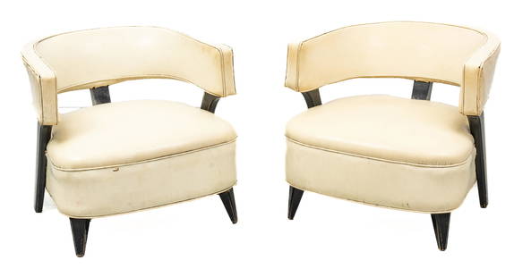 Pair of Paul Laszlo Club Lounge Chairs Ca. 1940s, H 25'' W 29'' Depth 29'': Pair of Paul Laszlo Club Lounge Chairs Ca. 1940s, H 25'' W 29'' Depth 29'' | Black painted wood frames with cream vinyl upholstery. No apparent makers mark or labels.