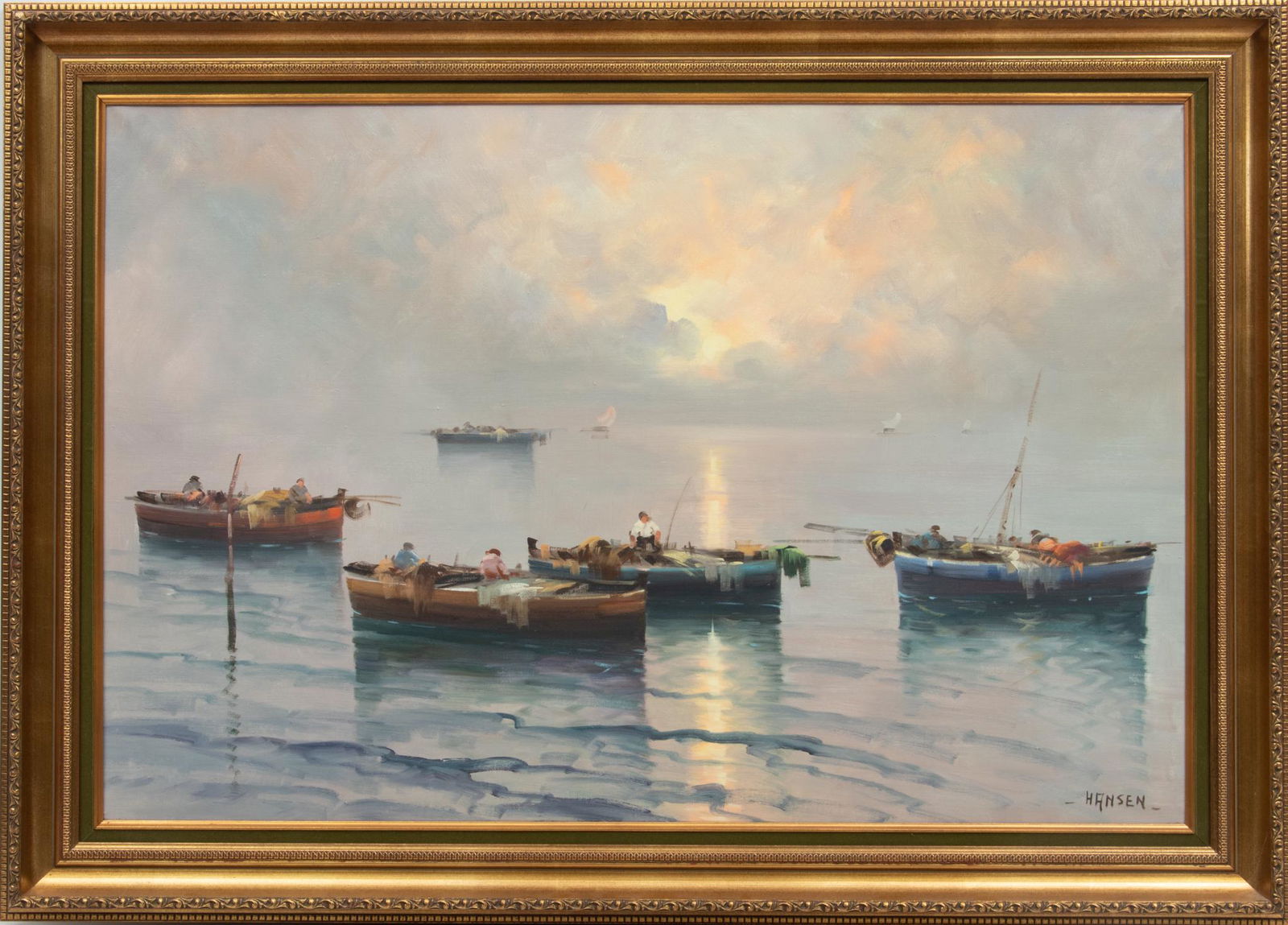 Hansen, Germany, Oil On Canvas, Ca. 1950, Lake With Fishing Boats, H 24'' W 36'' (1 of 4)