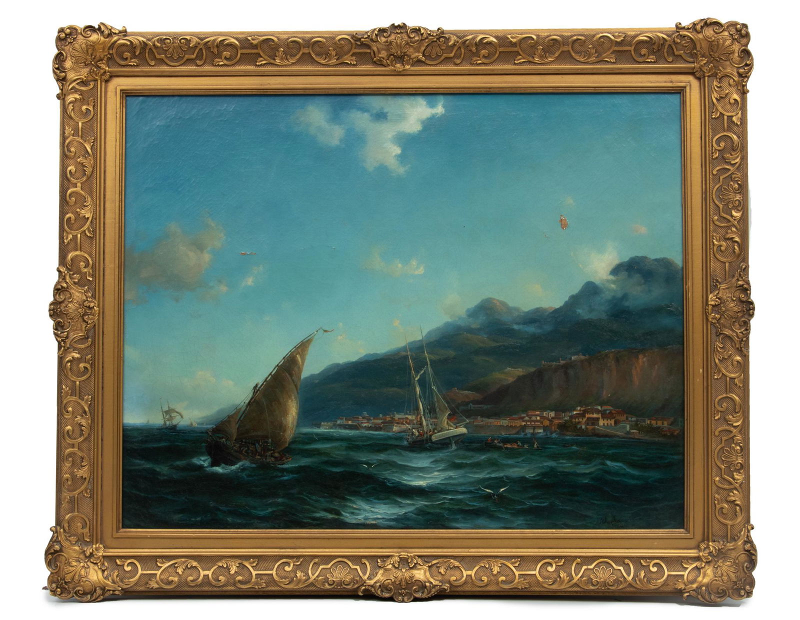 T. Aubazobckius, German Oil On Canvas C. 1862, Rhine River Scene, H 26'' W 36'' (1 of 6)