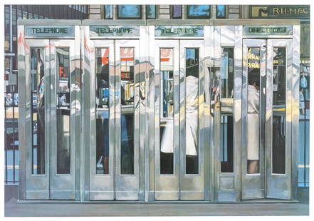 Richard Estes (American, B. 1932) Metropolitan Museum Of Art Poster 1967, Telephone Booths, H: Richard Estes (American, B. 1932) Metropolitan Museum Of Art Poster 1967, Telephone Booths, H 25.25'' W 36.75'' | Unsigned. Matted and framed under glass, H 37.75", W 47.5".