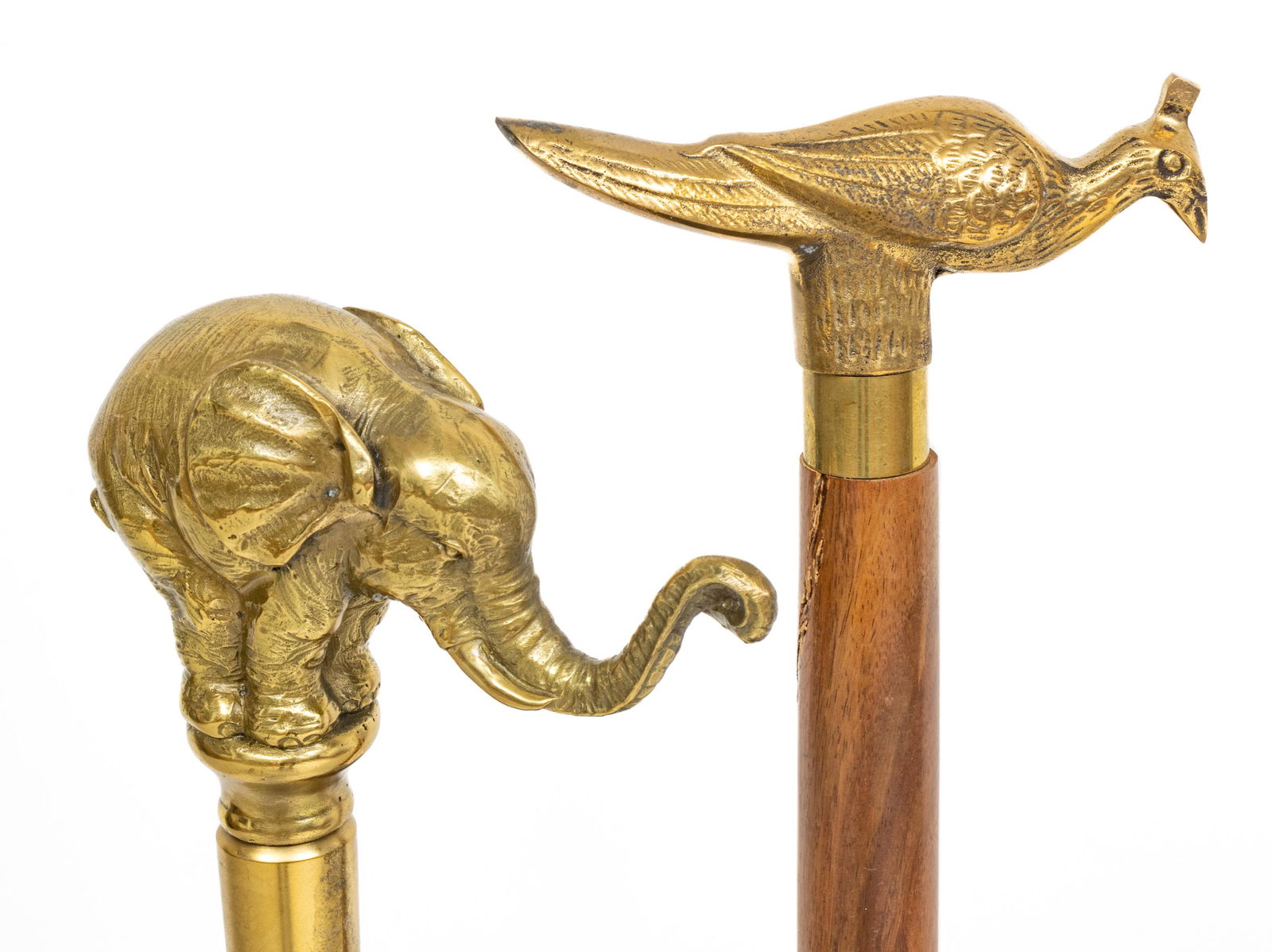 Brass Handle Walking Sticks, Elephant And Pheasant L 35.5" And L 36" (1 of 3)