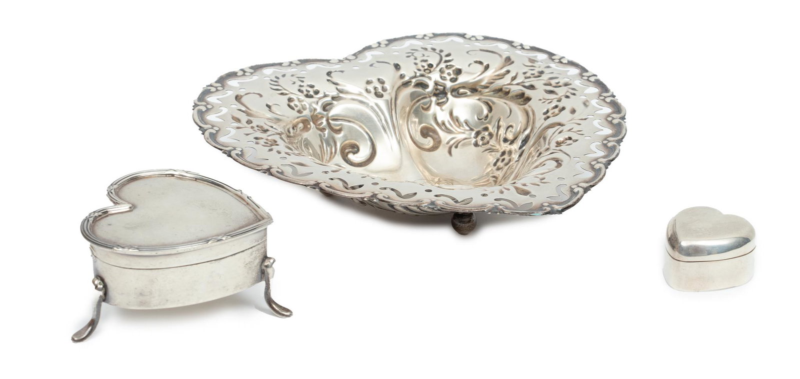 Sterling Silver Heart Form Boxes (2) And Whiting Gorham Dish H 6'' W 5.7'' 4.3lbs 3 pcs (1 of 8)
