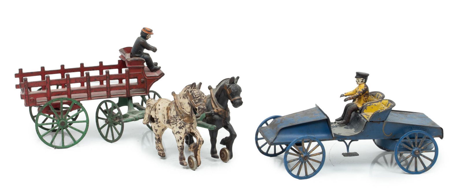 Wilkins (American) Cast Iron Two Horse Train Wagon With Tin And Cast Iron Wind-up Runabout Car, (1 of 5)