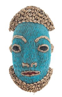 Yoruba, Nigeria African Beaded Carved Wood Ceremonial Mask With Cowrie Shells 20Th Century H 17" W: Yoruba, Nigeria African Beaded Carved Wood Ceremonial Mask With Cowrie Shells 20Th Century H 17" W 9" D 4" | Blue, White And Read Beading With Cowrie Shells Around The Chin/Neck And On Top The Head.Pr