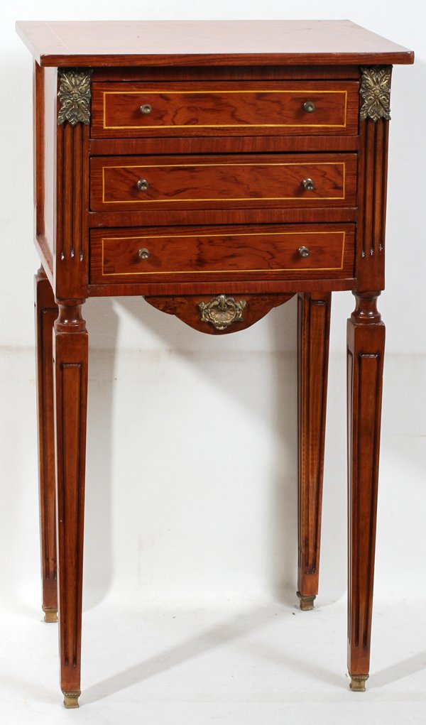 HEPPLEWHITE STYLE MAHOGANY THREE DRAWER CHEST: HEPPLEWHITE STYLE MAHOGANY THREE DRAWER CHEST, H 28", W 15", D 12":having a rectangular top with fruitwood inlays above three drawers with fruitwood inlayed faces and brass button pulls, fluted corner