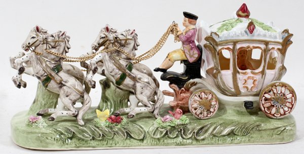 'PORCELAIN ART SCULPTURES' BY JONATHON BYRON: 'PORCELAIN ART SCULPTURES' BY JONATHON BYRON, COACH & HORSES, 20TH CENTURY, H 7", L 14":Includes a tag that reads "Arnart Porcelain Art Sculptures Collectors Edition by Jonathon Byron Arnat Imports, I