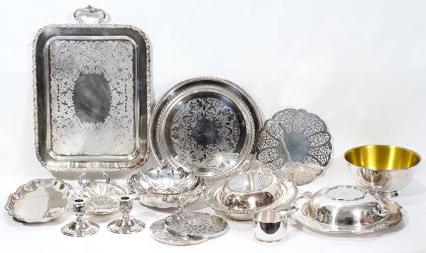 SILVER PLATE SERVING PIECES, TRAYS, BOWLS,: SILVER PLATE SERVING PIECES, TRAYS, BOWLS, TRIVETS, 15 PIECES:Serving tray 19" x 12", two oval trays 10" and 12", covered oval entrée dish 12" with gadroon edge, round cocktail tray by Wm Rogers 12",