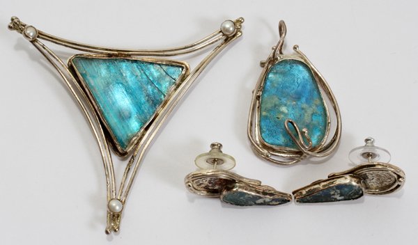 JACKIE COHEN ANCIENT GLASS BROOCH, PENDANT & : JACKIE COHEN ANCIENT GLASS BROOCH, PENDANT & PAIR OF EARRINGS:All are stamped "925"; the brooch measures W.3". Jackie Cohen, Israeli artist.