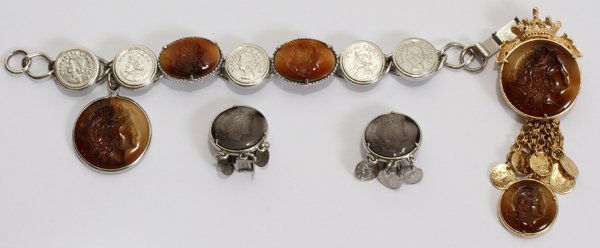 FLORENZA BROOCH & UNMARKED BRACELET & EARRING: FLORENZA GOLD-TONE BROOCH & UNMARKED SILVER TONE BRACELET AND EARRING:Brooch, 3 1/2" total length; Bracelet 7"; Clip Earrings, 7/8" Dia. without dangle. Same carving on all the round inserts.