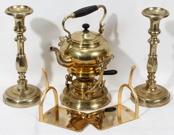 BRASS GUCCI BOOKENDS, S.S. & CO. TEAPOT & : BRASS GUCCI BOOKENDS, S.S. & CO. TEAPOT WITH STAND AND PAIR OF BRASS CANDLESTICKS, H 6" & 11":includes two gilt metal Gucci bookends, 6" H. x 6 1/2" L.; a pair of brass bookends, 11" H. and a brass te