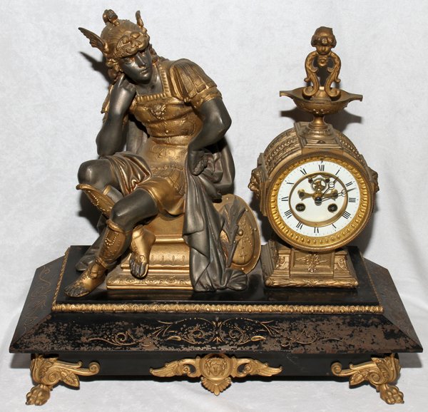 FRENCH SPELTER FIGURAL MANTEL CLOCK LATE 19TH C: FRENCH SPELTER FIGURAL MANTEL CLOCK, LATE 19TH C., H 18", W 19":Spelter case with figure of seated Mercury wearing gilded armor. #13852 Property of Gloria Bradley trust.