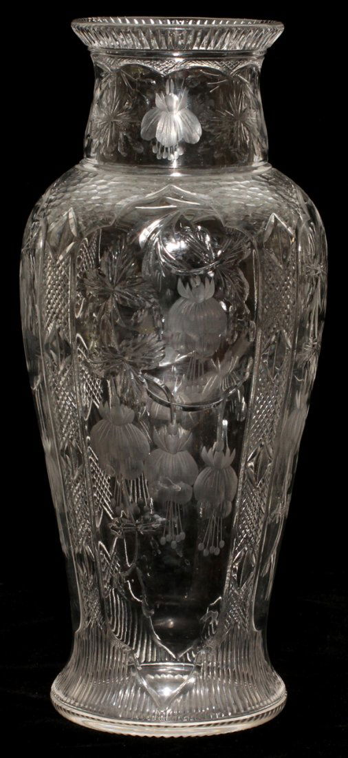 THOMAS WEBB & SONS INTAGLIO CUT GLASS VASE: THOMAS WEBB & SONS INTAGLIO CUT GLASS VASE, EARLY 20TH C., H 9 3/4":Baluster-form vase with cut bleeding heart motif; acid stamp signature at the underside.