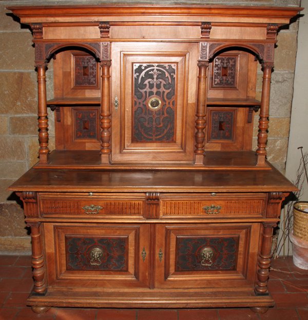 ENGLISH OAK CUPBOARD C. 1900 71": ENGLISH OAK CUPBOARD, C. 1900, H 71", W 61", D 30":Beveled cornice above the upper section comprising a single door flanked by a shelf, the lower section is fitted with 2 drawers and 2 doors with meta