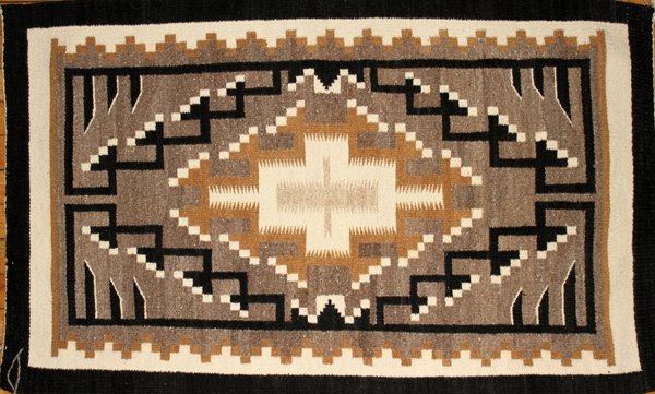 NAVAJO WOVEN RUG, 44" X 26",: NAVAJO WOVEN RUG, 44" X 26", BY ZONNIE JONES:Grey, black, brown. Finely woven. From the collection of Dr. Robert Walkowiak, Canton, Mich.