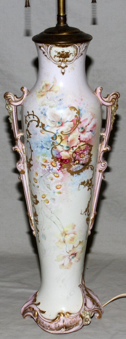 ROYAL BONN HAND-PAINTED VASE AS A LAMP: ROYAL BONN HAND-PAINTED VASE, H 20", MOUNTED AS A LAMP, 32" OVERALL:Vase 20" hand painted with garden flowers circa 1900, mounted as lamp 32".