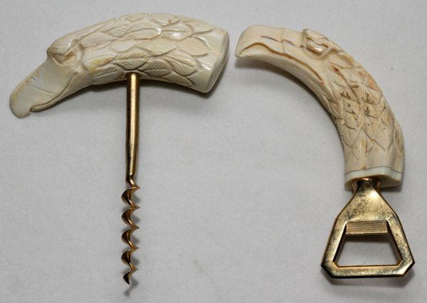 CARVED IVORY BAR TOOLS TWO 4" (IVORY ONLY): CARVED IVORY BAR TOOLS, TWO, L 4" (IVORY ONLY):Both in the form of an eagle's head, includes 1 corkscrew and 1 bottle opener. Property of Gloria Bradley trust. IVORY CANNOT BE SHIPPED OUTSIDE OF THE C