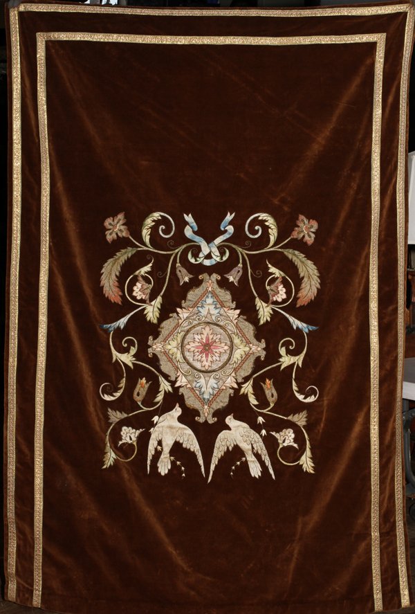 SILVER & GOLD EMBROIDERED WALL HANGING: SILVER & GOLD EMBROIDERED WALL HANGING, 19TH C., 74" X 50":Needlework on velvet ground. Silver, gold and silk thread. Fine workmanship.
