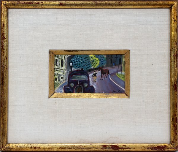 HUGO, JEAN GOUACHE, 1946, STREET SCENE": JEAN HUGO, GOUACHE, 1946, 2 1/3" X 4 1/2" SIGHT," PARIS STREET SCENE":Signed lower right; gilt frame. Provenance: Alexander Iolas Gallery. Weintraub Gallery, NYC label on verso with date, title and si