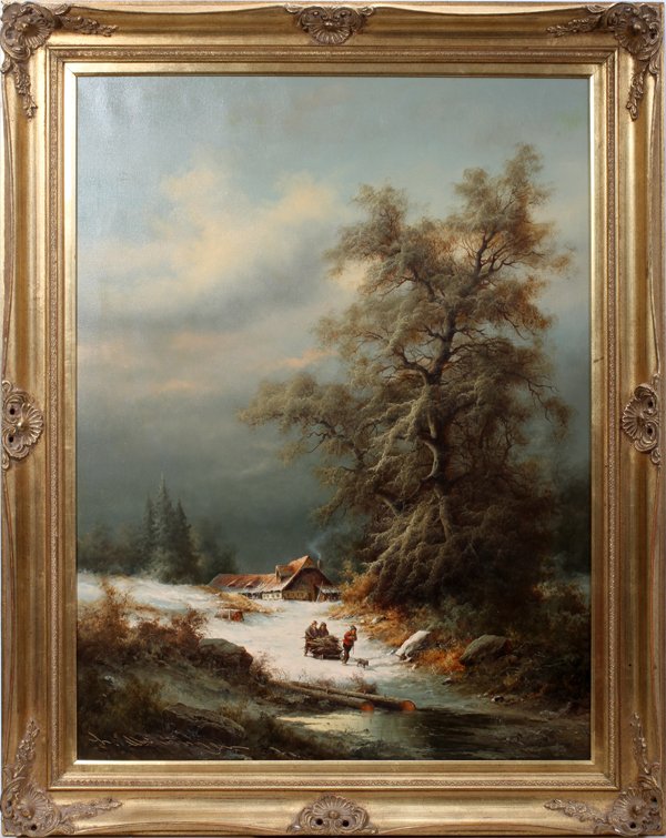 MUNINGER, LUDWIG OIL/CANVAS ALPINE WINTER SCENE: LUDWIG MUNINGER, OIL ON CANVAS, ALPINE WINTER SCENE, PULLING SLED OF WOOD 40" X 30":